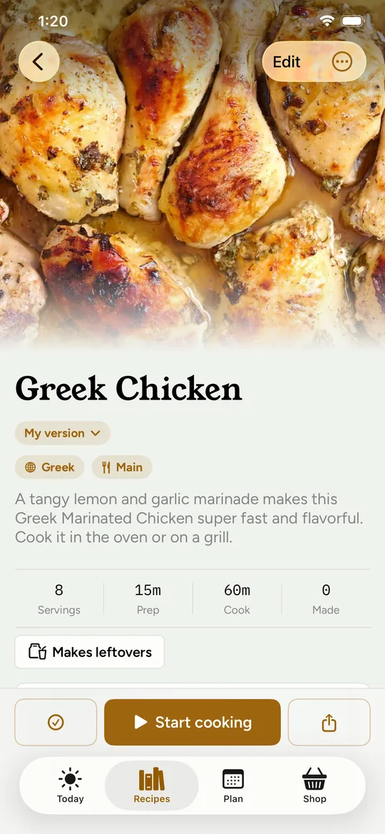 Rendition’s Greek Chicken recipe on iPhone, with a roasted chicken photo, My version, servings and Start cooking.